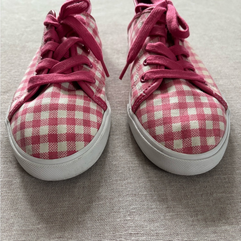 Isaac Mizrahi pink & white checkered plaid athletic tennis shoes size 7.5 - Picture 5 of 9